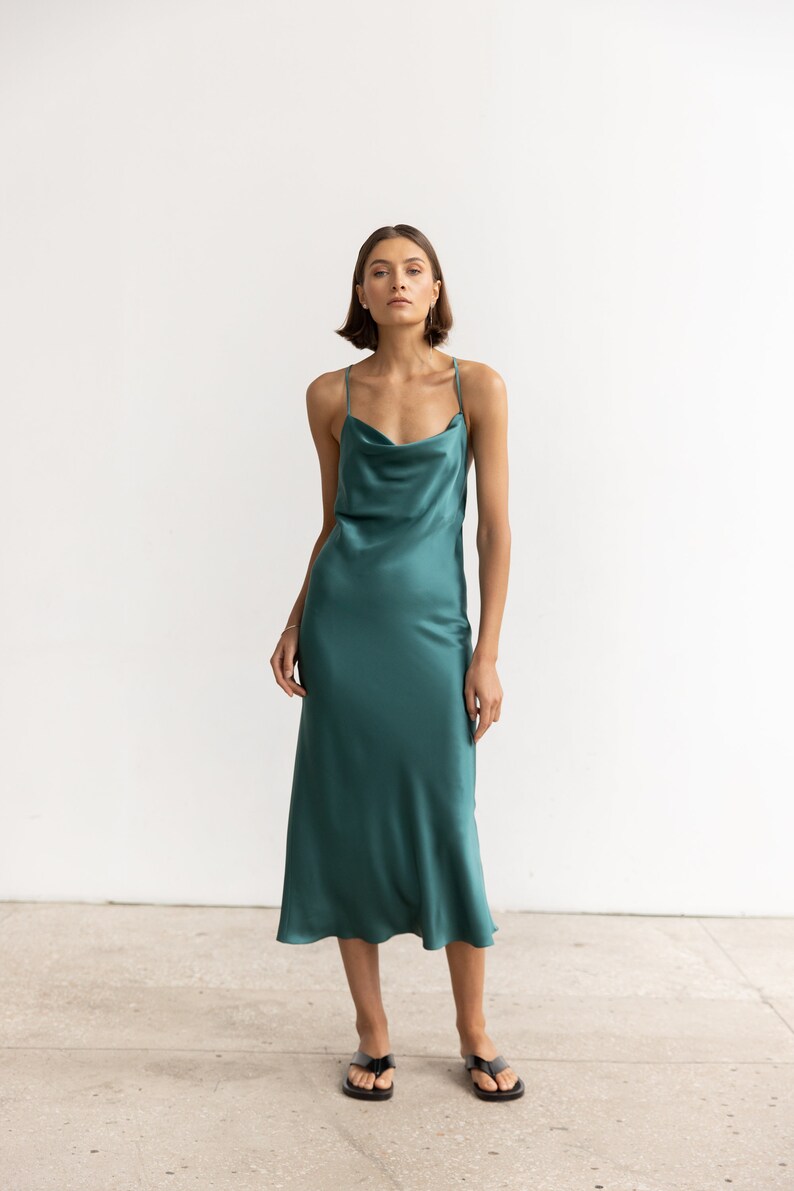 Teal Silk Slip Dress Midi Bias Cut Cowl Neck 100 Silk Etsy