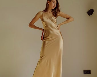 Gold dress 100% silk dress maxi Silk slip dress champagne Cocktail dress Prom silk satin dress Long dress Bridesmaid dress Party dress