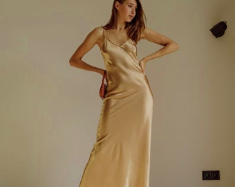 Gold Dress 100 Silk Dress Maxi Silk Slip Dress Champagne Cocktail Dress Prom Silk Dress Long Dress Bridesmaid Dress Party Dress Paloma Etsy Canada