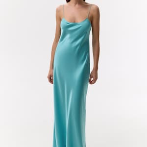 100% silk wedding guest dress Long pure silky gown Blue bridesmaid dress 90s bias cut slip dress Floor length simple turquoise aqua cami