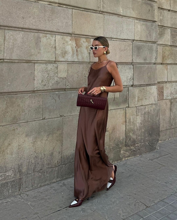 Romantic 100% SILK Slip With Extra LOW Back Dress for Events, Brown  Bohemian Gown, Loose Maxi Dress, B-DAY Party Dress, Wedding Guest Attire -  Etsy