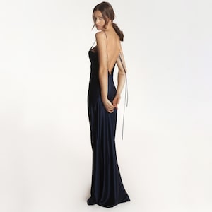 silk navy-blue dress cut low at the front and back Long Corset Prom Dress with Lace-Up Open Back Navy / 8