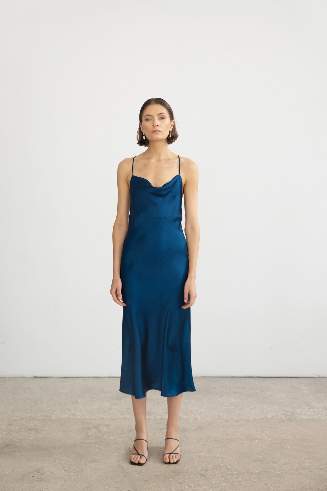 Royal blue silk slip dress midi Blue silk cowl neck dress Silk | Etsy