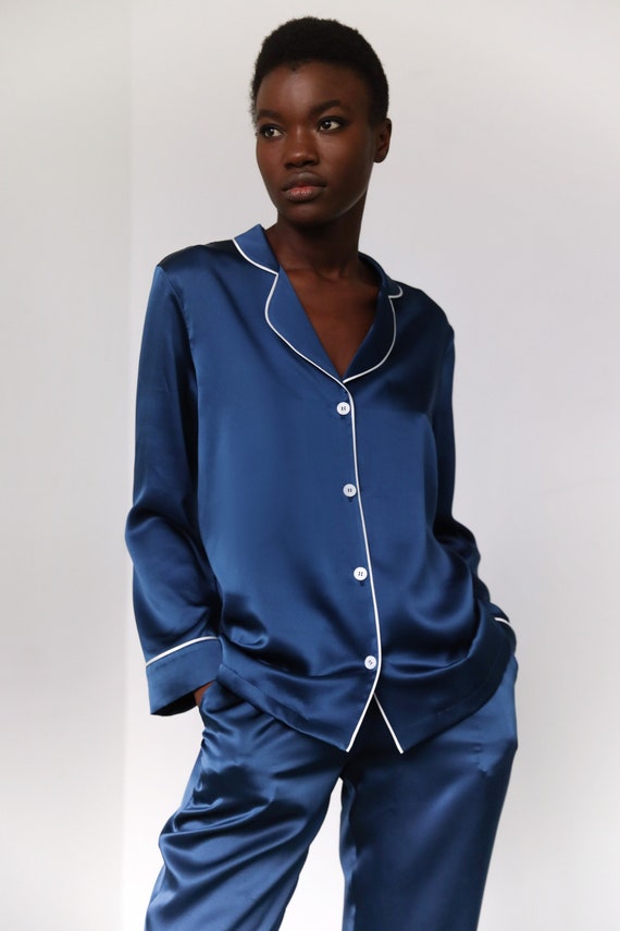 Blue Silk Pajama Set for Women Woman Pyjamas Silk Sleep Set Pure
