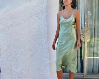 V-neck Silk Slip Dress Midi Sage Green ...