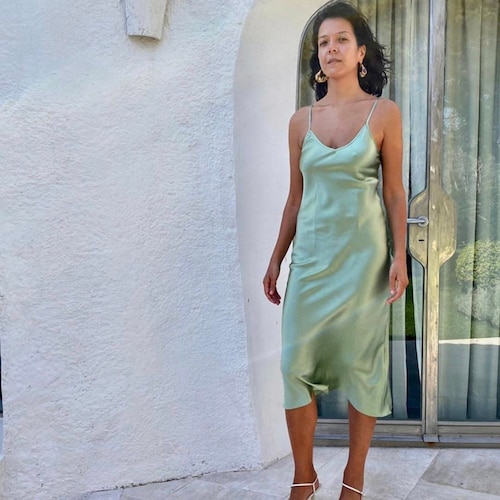 V-neck Silk Slip Dress Midi Sage Green ...