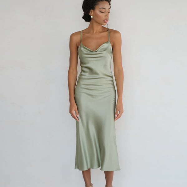 100% silk slip dress Sage green dress midi bias cut cowl neck Silk bridesmaid dress Sage green silk satin dress Party dress Date dress
