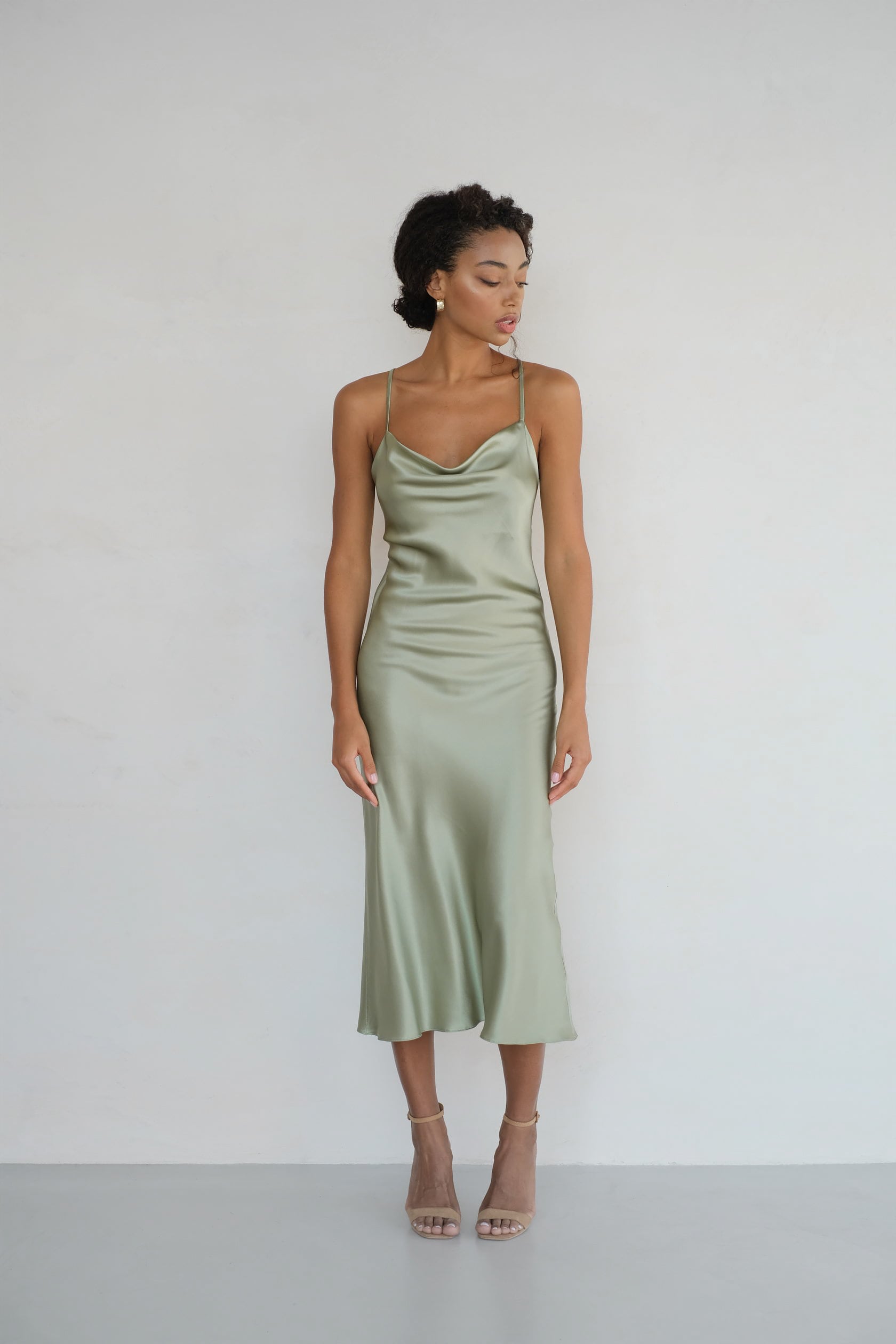 100% Silk Slip Dress Sage Green Dress Midi Bias Cowl - Etsy
