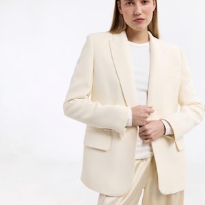 Cream Silk Wool Blazer | Tailored Single-Breasted Jacket for Women | Butter White Wedding Jacket