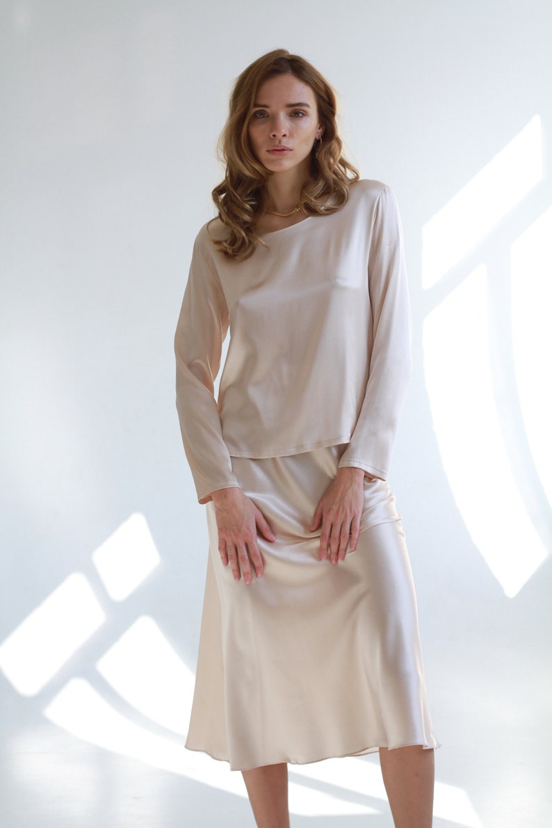 Silk slip skirt midi Cream silk satin skirt Silk slip bias cut Etsy