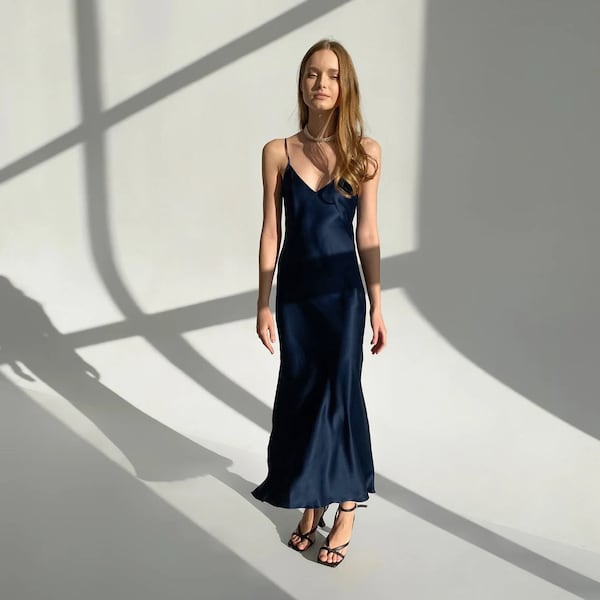 Navy Silk Slip Casual Midi-Length Dress