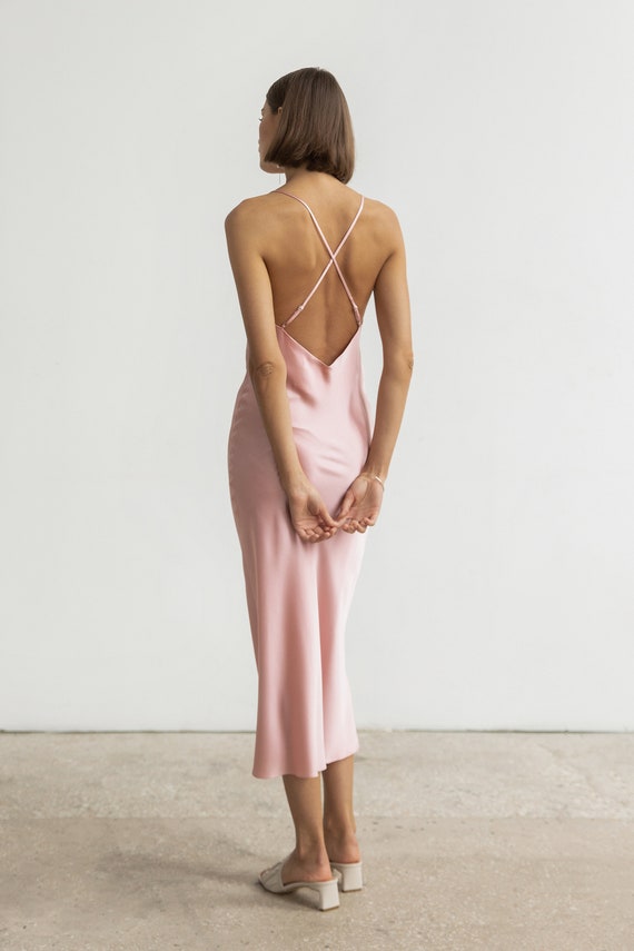 V-neck Silk Slip Dress Midi Blush Pink Bias Silk Dress 100% Silk