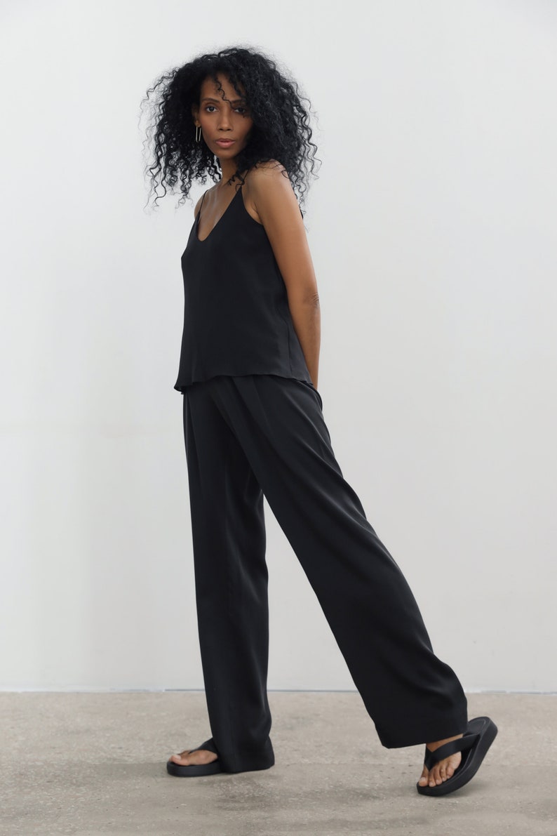 Black silk pants Sandwashed silk trousers High-waisted black silk pants Silk straight-leg pants Silk trousers image 3