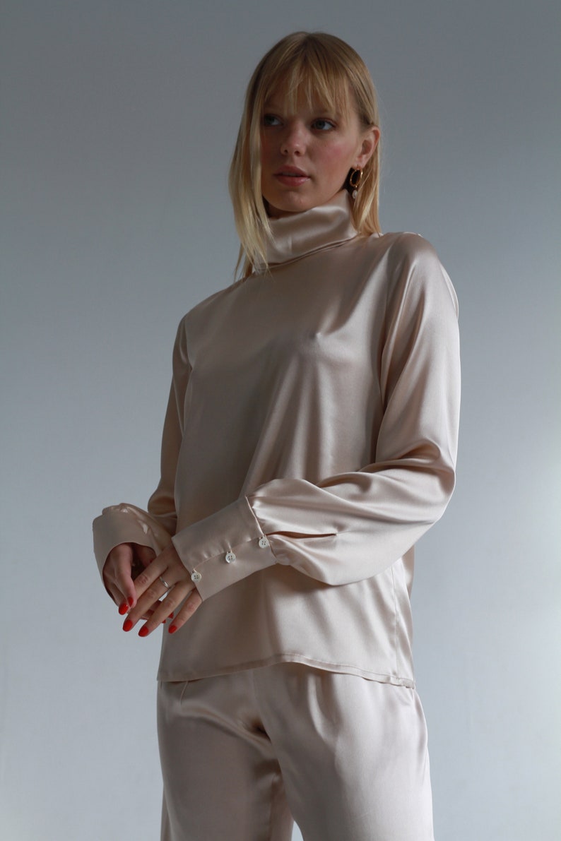 Flowy long sleeve silk blouse Creamy turtleneck silk top Silk Etsy