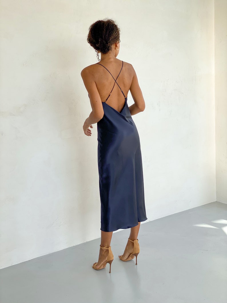 Navy silk slip dress midi Dark blue slip dress Silk slip dress | Etsy