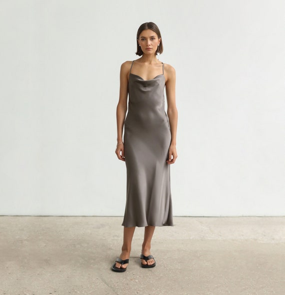Dark Grey Cowl Silk Slip Dress Midi 