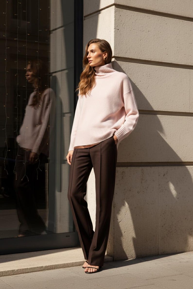May include: A woman wearing a light pink turtleneck sweater and dark brown trousers. The sweater has long sleeves and a ribbed hem. The trousers are wide-legged. The woman is standing next to a building with a glass window.