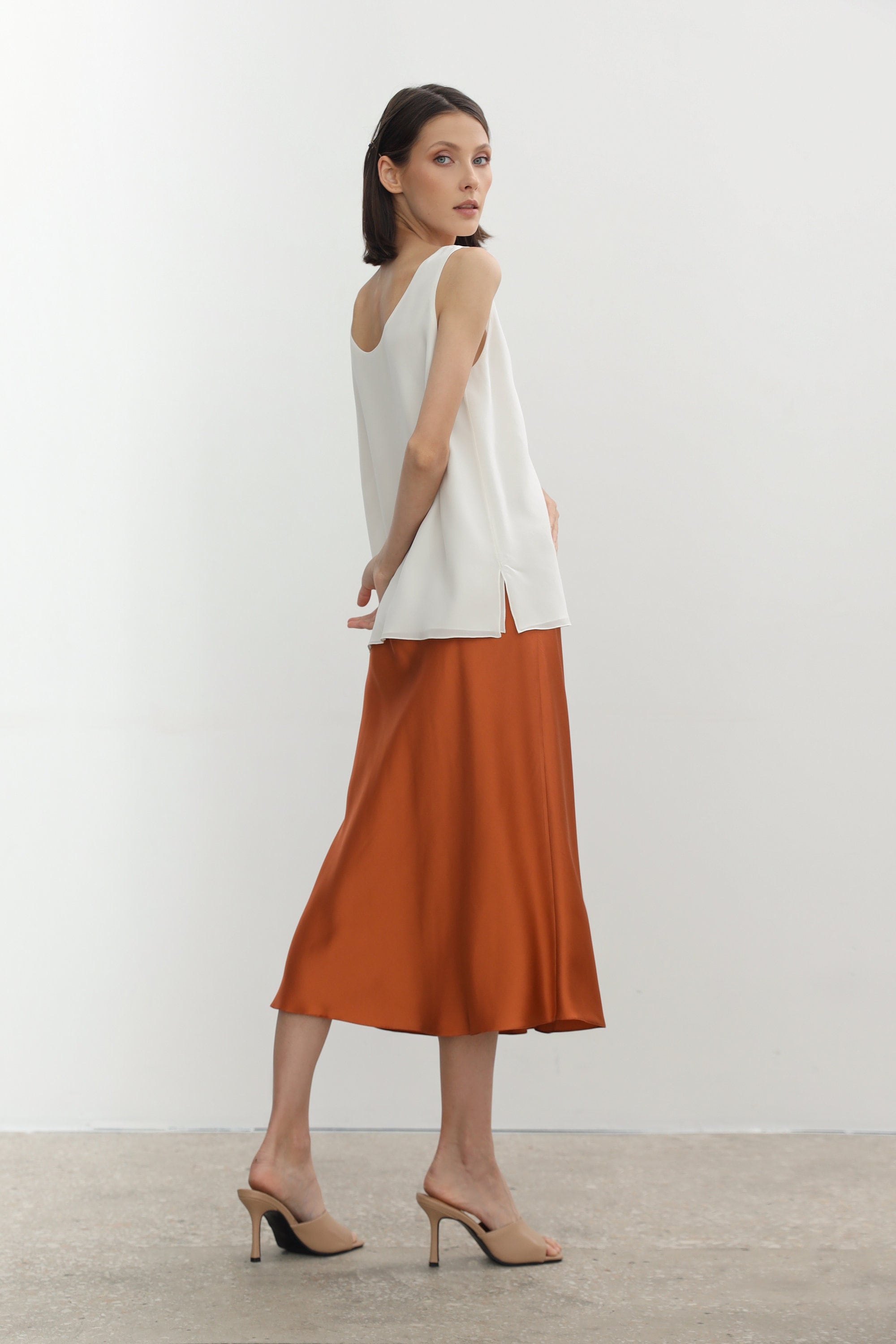 Satin midi top skirt rust