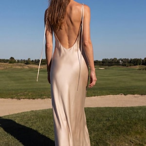 Pearl-beige 100% thick silk wedding guest dress Elegant simple maxi long bias-cut gown Minimal low back liquid mulberry satin slip