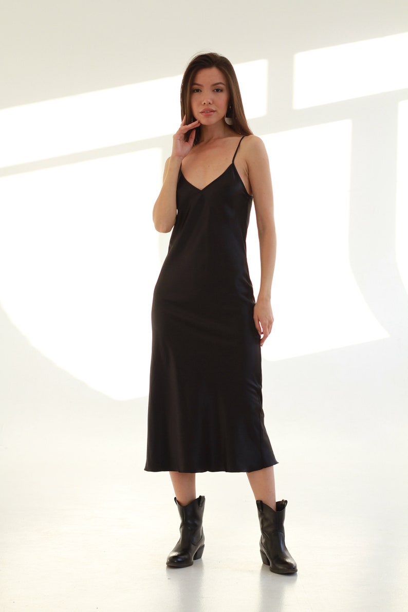 Natural silk slip dress black midi Stretch silk cami dress Etsy