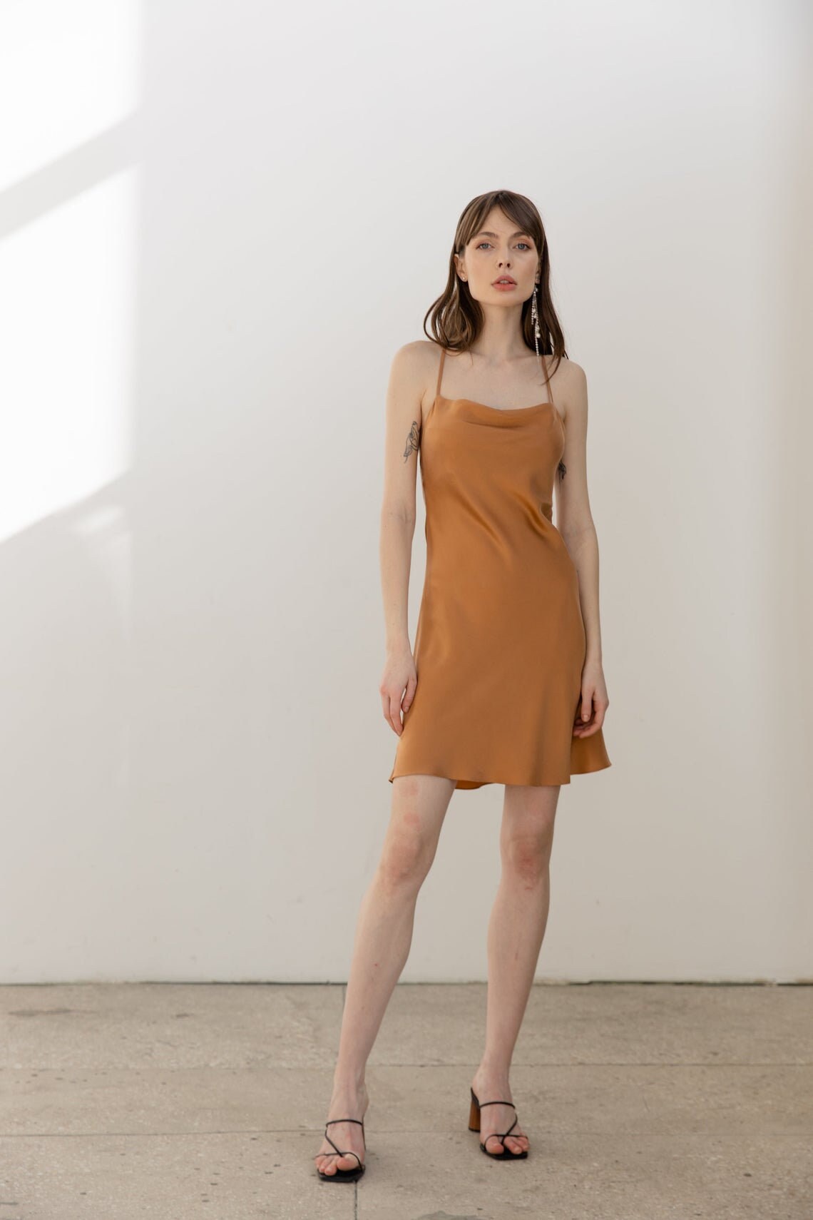 Caramel silk slip dress midi Bias cut 100 silk dress Gold Etsy