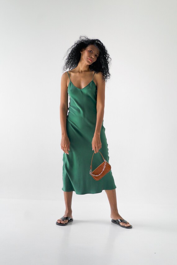 Emerald Green V-neck Silk Slip Dress 
