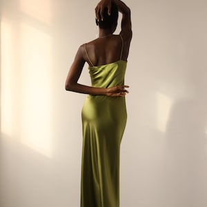 Pure Silk Satin Dress Green Silk Slip Maxi Scoop Neck Green - Etsy