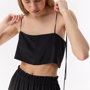 Black silk crop top, Luxury summer top, Tie strap top, Handmade silk clothing, Open back top
