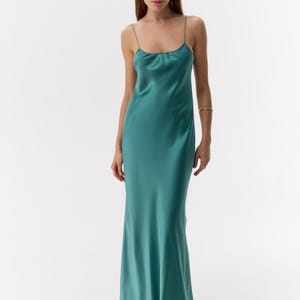Turquoise bias cut floor length gown in silk charmeuse. 100% silk wedding guest dress. Long pure silky gown slip. Skinny spaghetti straps