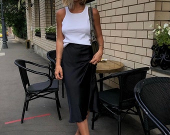 Silk skirt Black silk satin skirt bias cut Silk slip skirt midi Silk clothing Serenity silk Black satin midi skirt Silk bias cut skirt