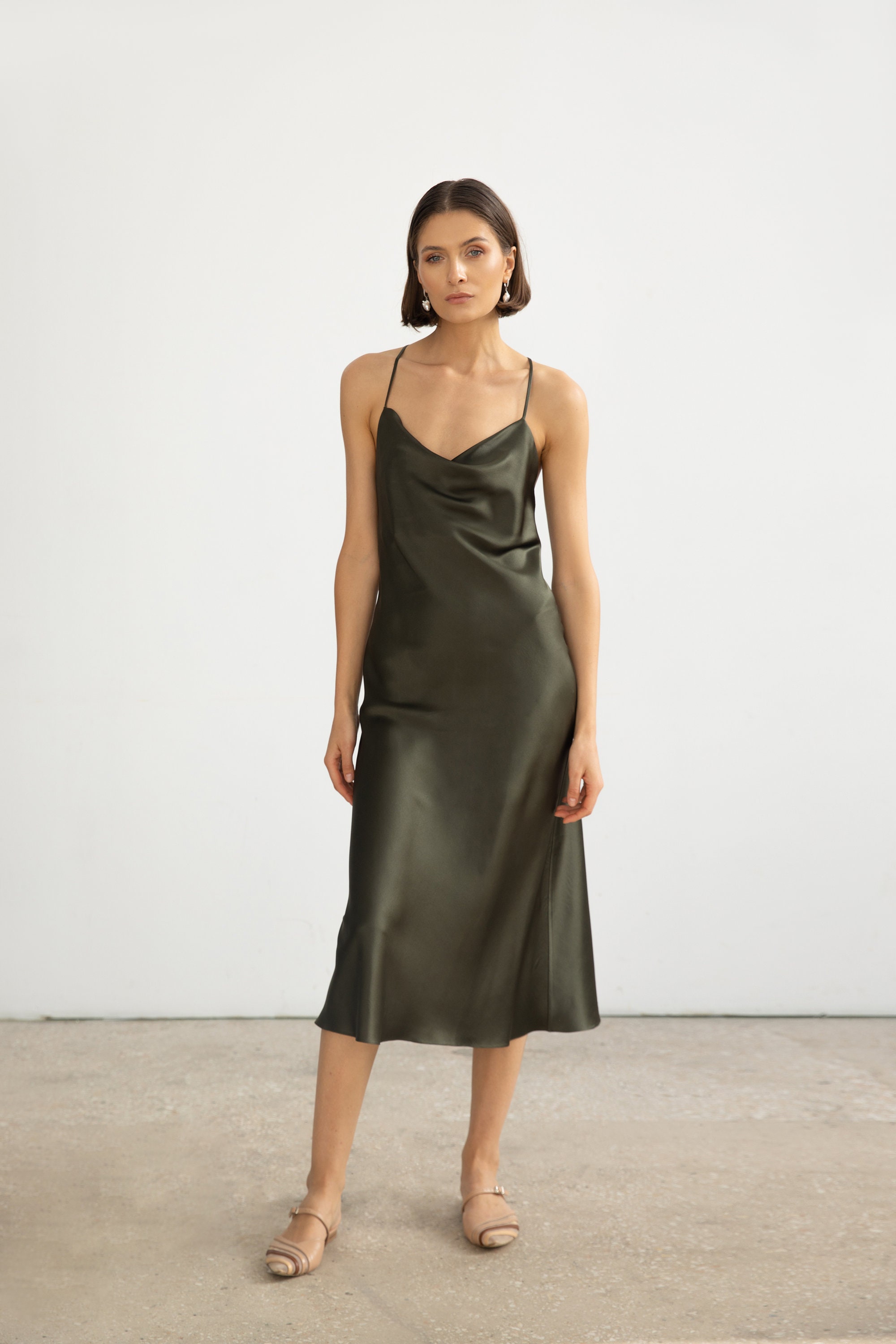 100% Silk Slip Dress Green Silk Dress 