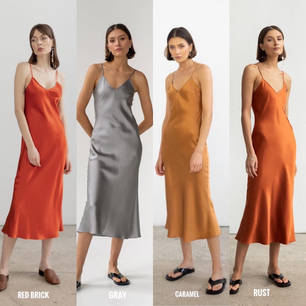 MANY COLORS V-neck silk slip dress midi Silk bridesmaid dress Wedding guest dress 90s silk slip dress Date dress 100% silk dress bias cut