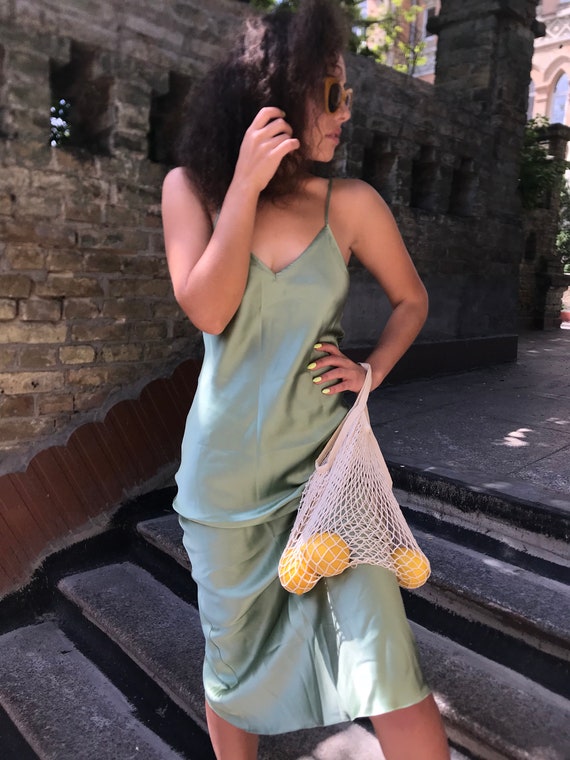 V-neck Silk Slip Dress Midi Sage Green Silk Dress Bias Cut - Etsy