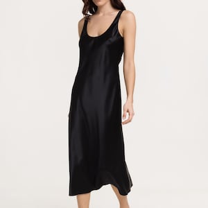 Black silk satin slip tank dress midi 100% silk image 4