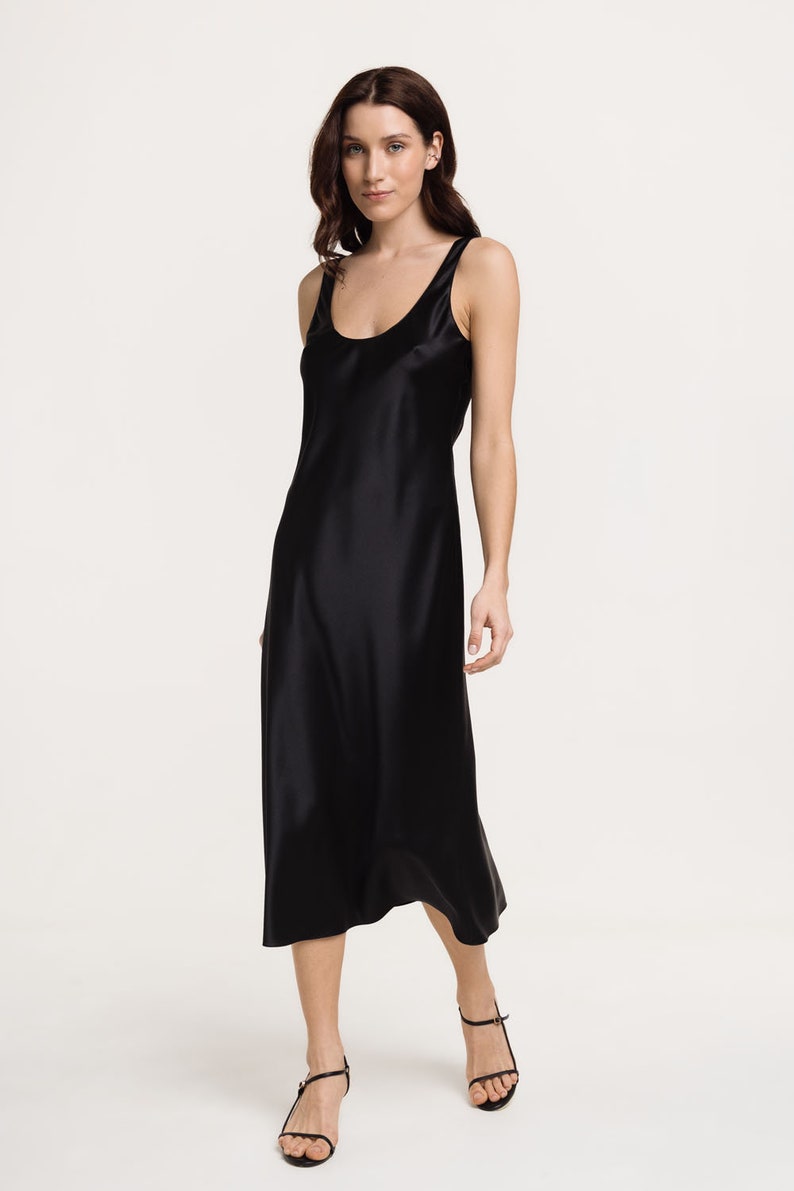 Black silk satin slip tank dress midi 100% silk image 4