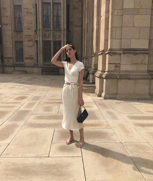 off white silk midi skirt