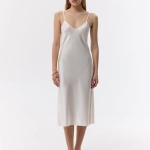 FLASH SALE - White silk midi dress - V-neck silk satin cami dress - Affordable silk slip dress - Simple summer dress - 22 momme silk