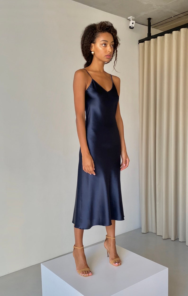 silk slip dress navy