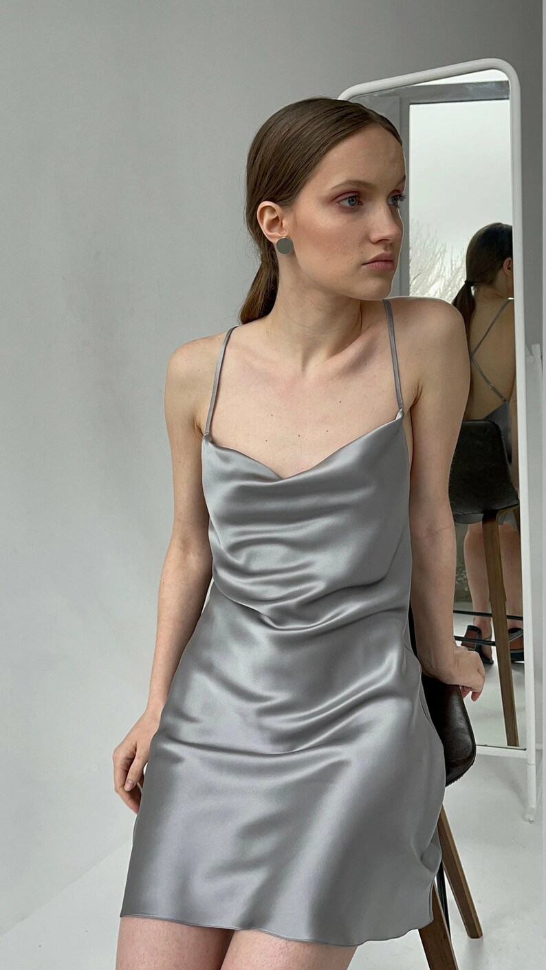 Short Silk Slip Dress Gray Mini Slip Dress Grey Silk Cami Etsy