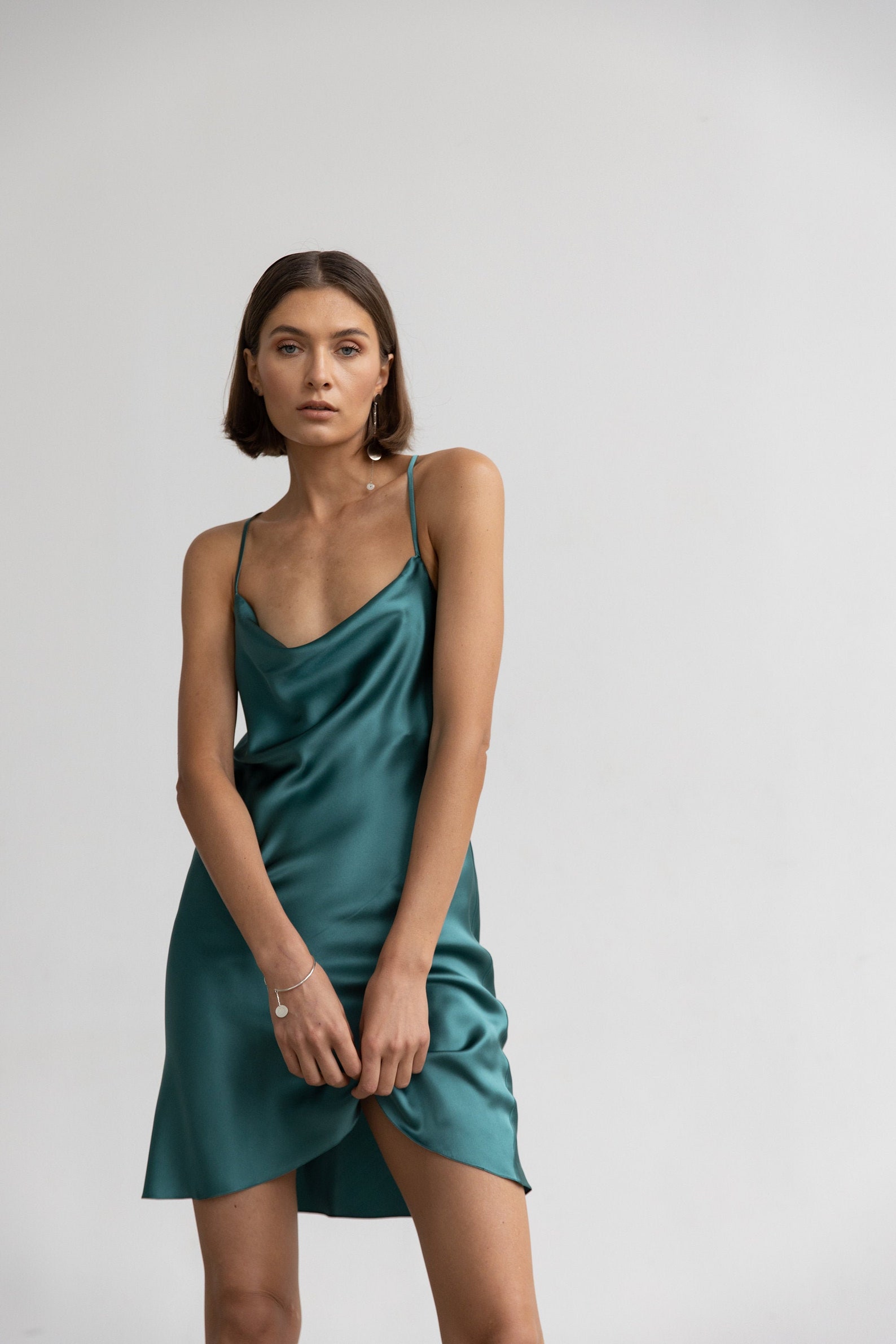 100 Silk Teal Green Silk Satin Slip Mini Dress Bluegreen Etsy