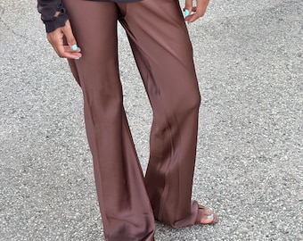 100% silk satin pants for women Chocolate brown silk trousers bias cut