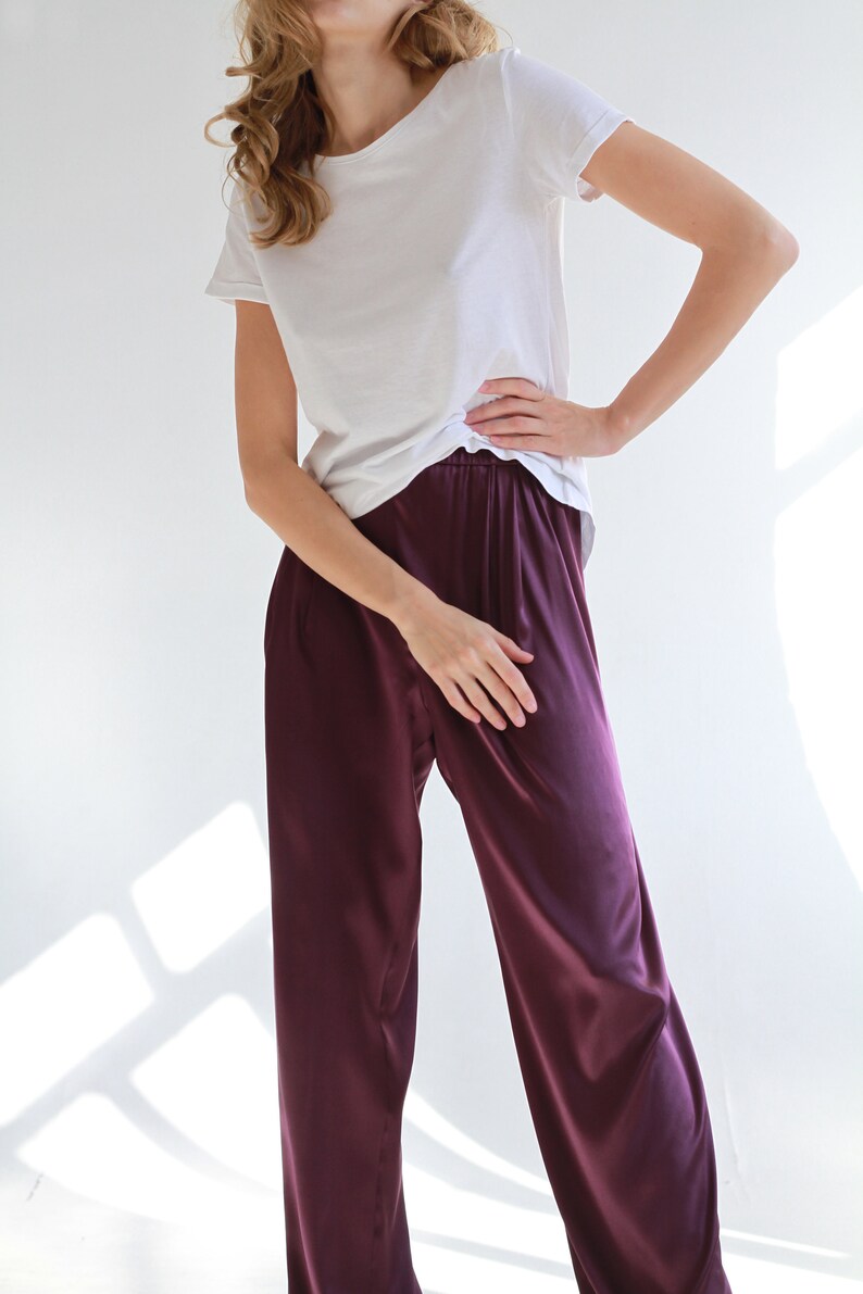 Plum silk satin trousers High-waisted khaki silk pants Long palazzo pants Wide-leg pants
