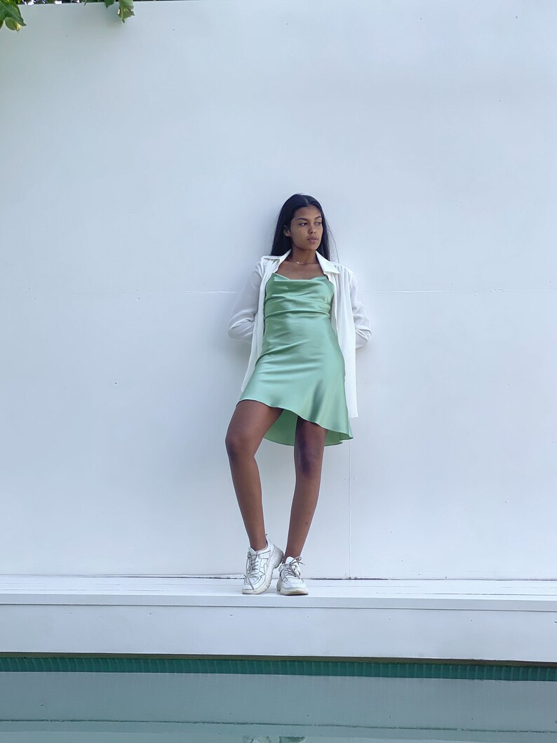 Short silk slip dress sage green Mini slip dress pistachio | Etsy