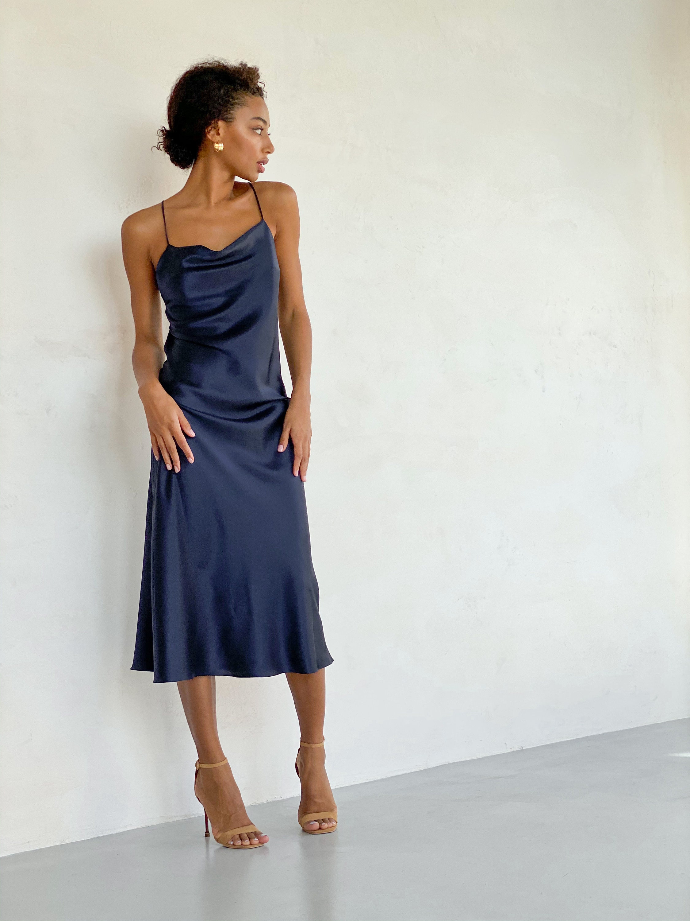 Cowl neck silk slip dress midi Bias cut stretch silk dress Etsy