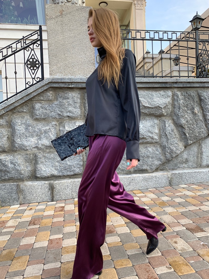 Plum silk satin trousers High-waisted khaki silk pants Long palazzo pants Wide-leg pants