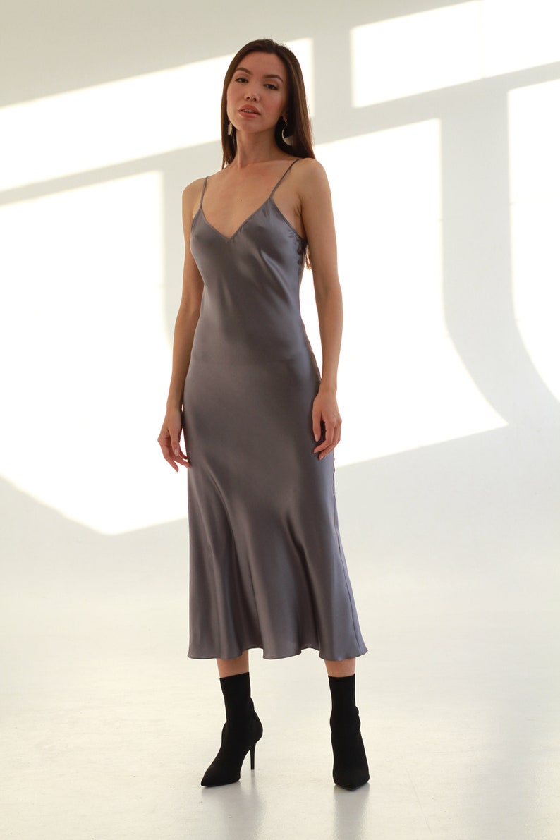 Vneck silk slip dress gray Stretch silk dress thin straps Etsy