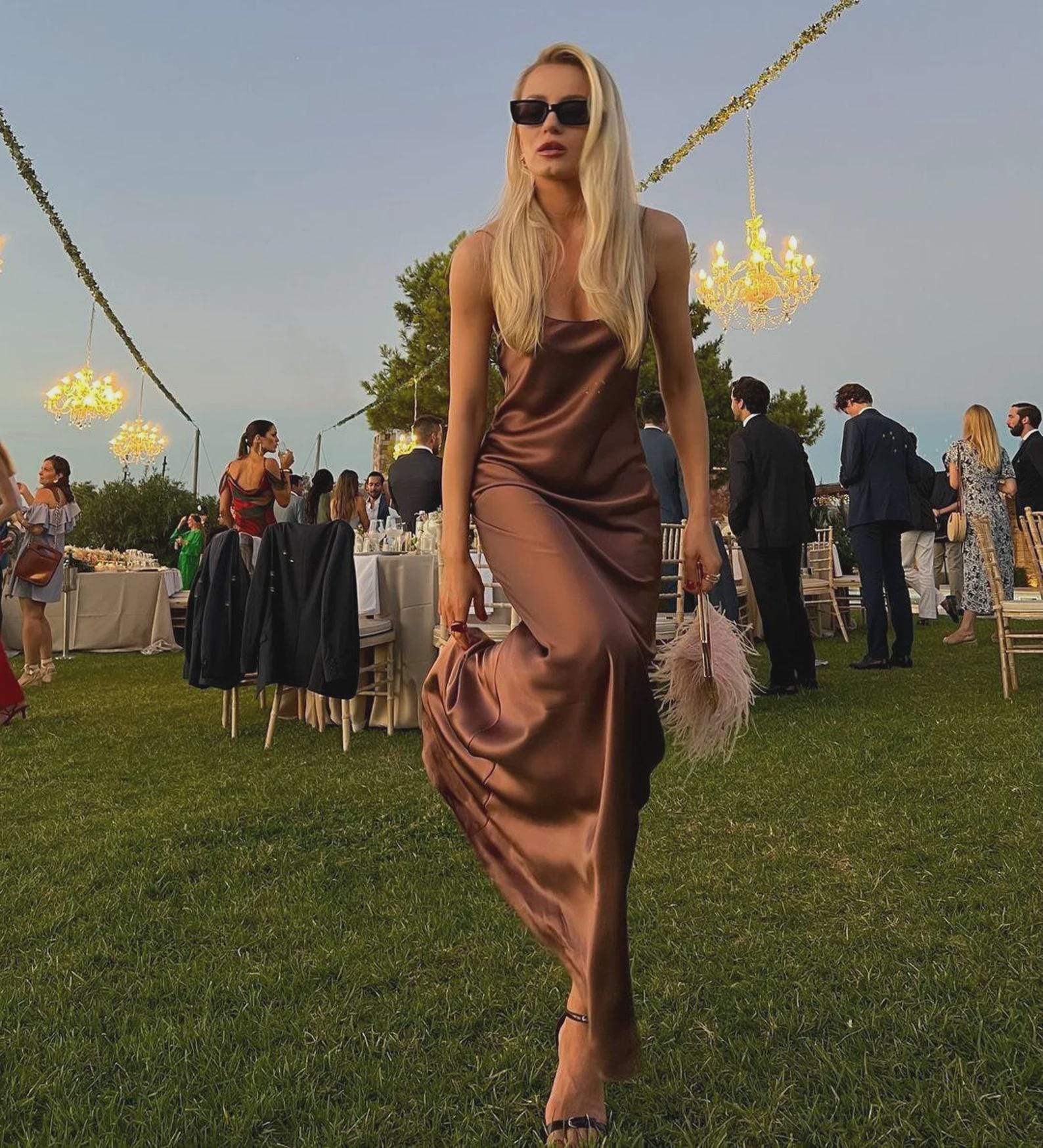 brown silk slip dress COS Open-stitch Satin shoulder satin dress is the perfect choice for any special occasion Elegant Silk Slip Formal Dress