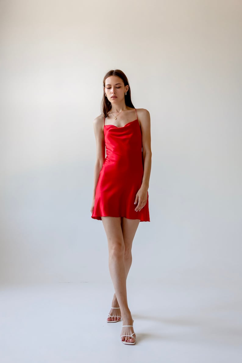 red silk slip dress short
