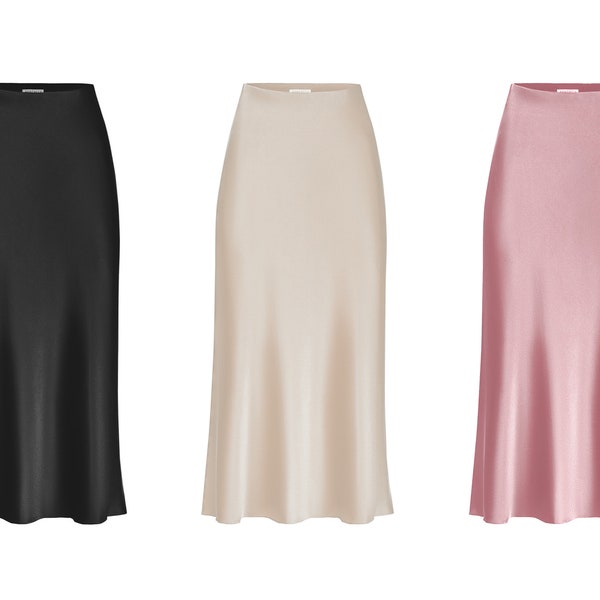 Bias cut 100% silk satin midi slip skirt