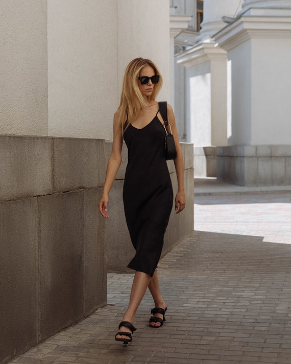 100% Silk Slip Dress Black Midi Pure Silk Cami Dress Matte - Etsy